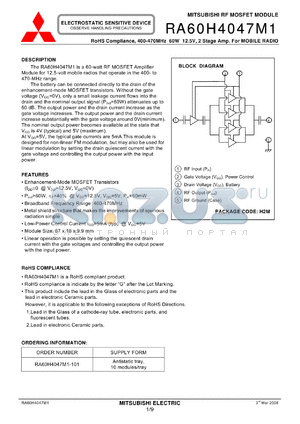 RA60H4047M1-101 datasheet - RF MOSFET MODULE 400-470MHz 60W 12.5V, 2 Stage Amp. For MOBILE RADIO