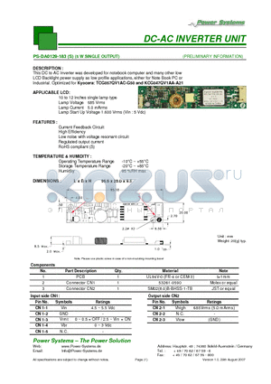 PS-DA0129-183S datasheet - DC-AC INVERTER UNIT 5 W SINGLE OUTPUT