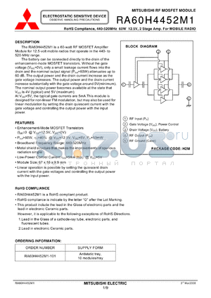 RA60H4452M1-101 datasheet - RF MOSFET MODULE 440-520MHz 60W 12.5V, 2 Stage Amp. For MOBILE RADIO