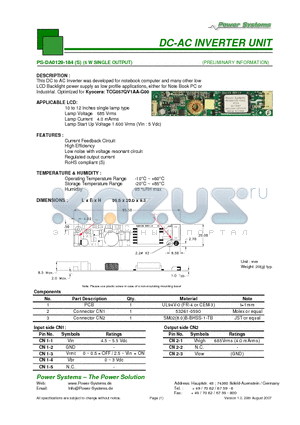 PS-DA0129-184S datasheet - DC-AC INVERTER UNIT 5 W SINGLE OUTPUT