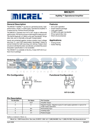 MIC6211-YM5 datasheet - IttyBitty Operational Amplifier