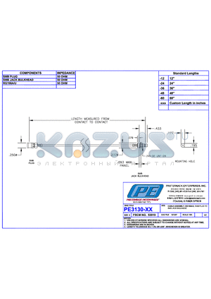 PE3130 datasheet - CABLE ASSEMBLY RG196A/U SMB PLUG TO SMB JACK BULKHEAD