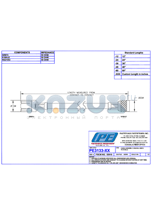 PE3133 datasheet - CABLE ASSEMBLY RG214/U GR874 TO N MALE