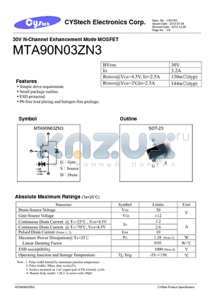 MTA90N03ZN3 datasheet - 30V N-Channel Enhancement Mode MOSFET