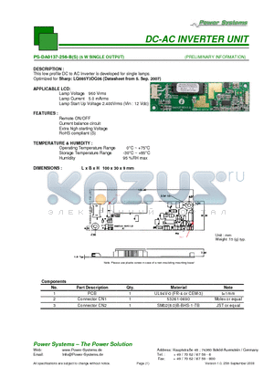 PS-DA0137-256-B datasheet - DC-AC INVERTER UNIT 5 W SINGLE OUTPUT