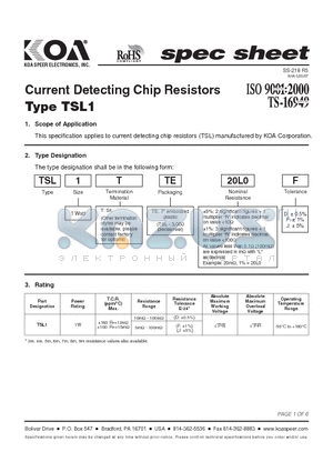 TSL1TTE20L0J datasheet - Current Detecting Chip Resistors
