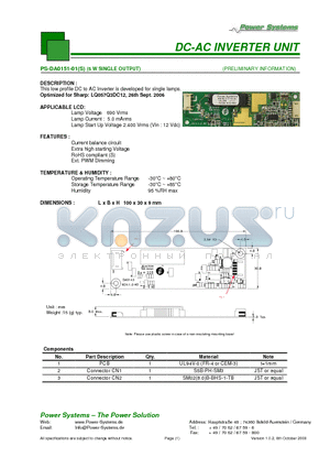 PS-DA0151-01S datasheet - DC-AC INVERTER UNIT 5 W SINGLE OUTPUT