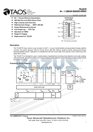 TSL201R datasheet - 64 X 1 LINEAR SENSOR ARRAY