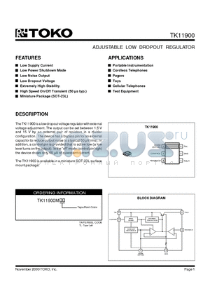 TK11900 datasheet - ADJUSTABLE LOW DROPOUT REGULATOR