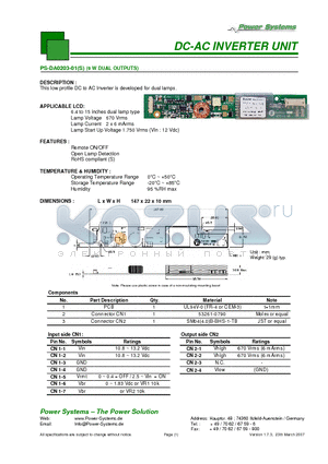 PS-DA0203-01 datasheet - DC-AC INVERTER UNIT 9 W DUAL OUTPUTS