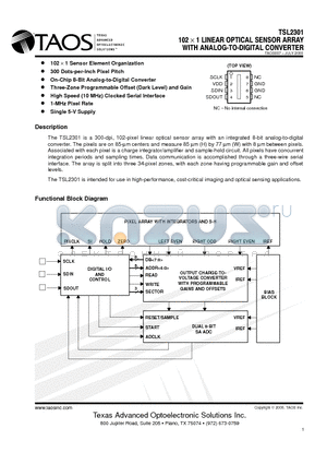 TSL2301 datasheet - 102 X 1 LINEAR OPTICAL SENSOR ARRAY WITH ANALOGTODIGITAL CONVERTER