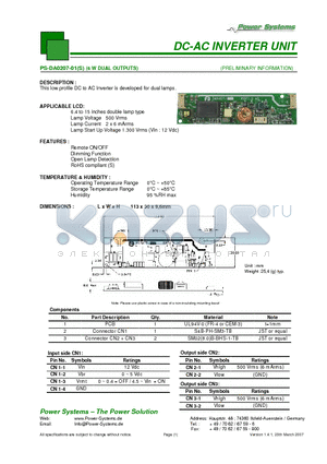 PS-DA0207-01S datasheet - DC-AC INVERTER UNIT 6 W DUAL OUTPUTS