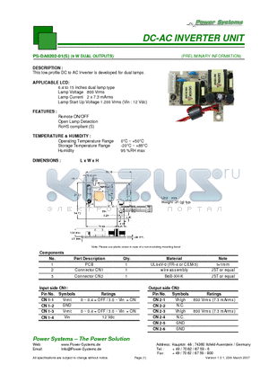 PS-DA0202-01S datasheet - DC-AC INVERTER UNIT 9 W DUAL OUTPUTS