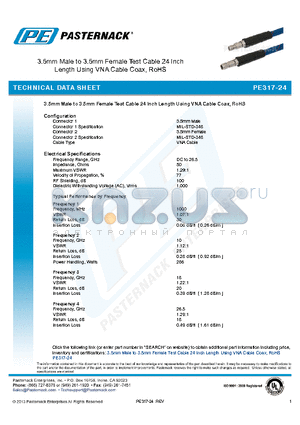 PE317-24 datasheet - 3.5mm Male to 3.5mm Female Test Cable 24 Inch Length Using VNA Cable Coax, RoHS