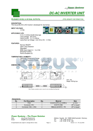 PS-DA0211-01 datasheet - DC-AC INVERTER UNIT 12 W DUAL OUTPUTS