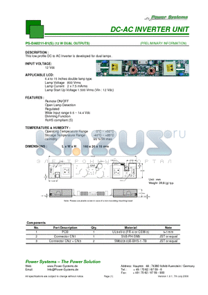 PS-DA0211-01S datasheet - DC-AC INVERTER UNIT 12 W DUAL OUTPUTS