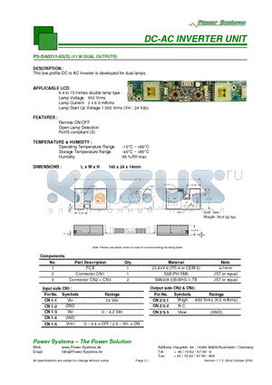 PS-DA0211-03 datasheet - DC-AC INVERTER UNIT 11 W DUAL OUTPUTS