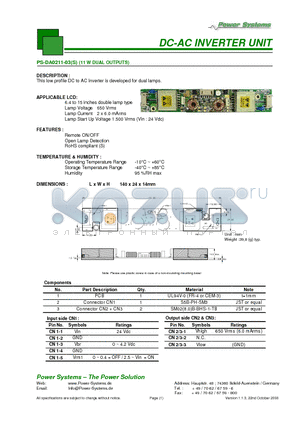 PS-DA0211-03S datasheet - DC-AC INVERTER UNIT 11 W DUAL OUTPUTS