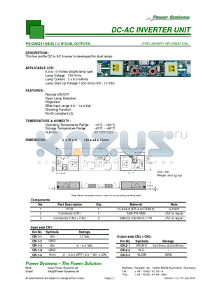 PS-DA0211-04S datasheet - DC-AC INVERTER UNIT 12 W DUAL OUTPUTS