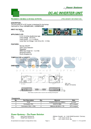 PS-DA0211-142-B datasheet - DC-AC INVERTER UNIT 12 W DUAL OUTPUTS