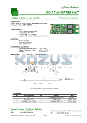 PS-DA0229-01-B datasheet - DC-AC INVERTER UNIT 7.7 W DUAL OUTPUTS