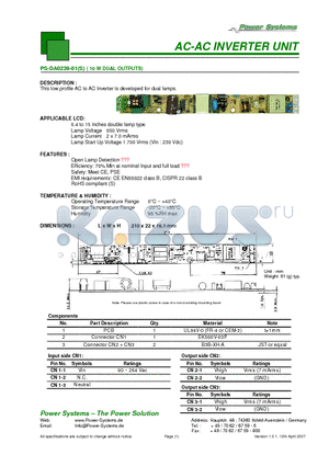 PS-DA0239-01 datasheet - AC-AC INVERTER UNIT 10 W DUAL OUTPUTS