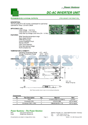 PS-DA0245-01 datasheet - DC-AC INVERTER UNIT 12 W DUAL OUTPUTS