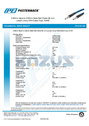 PE319-36 datasheet - 2.92mm Male to 2.92mm Male Test Cable 36 Inch Length Using VNA Cable Coax, RoHS