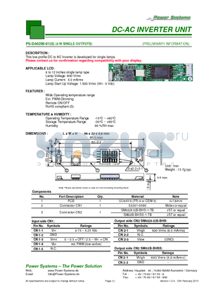 PS-DA0250-01S datasheet - DC-AC INVERTER UNIT 4 W SINGLE OUTPUTS