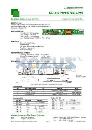PS-DA0253-01 datasheet - DC-AC INVERTER UNIT 9 W DUAL OUTPUTS