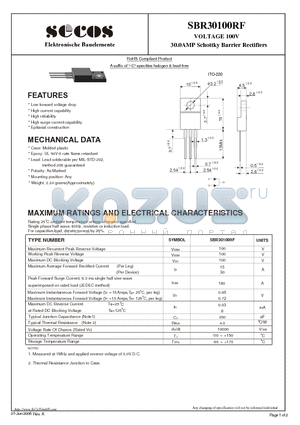 SBR30100RF datasheet - VOLTAGE 100V 30.0AMP Schottky Barrier Rectifiers