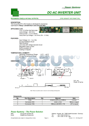 PS-DA0253-124 datasheet - DC-AC INVERTER UNIT 8 W DUAL OUTPUTS