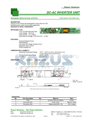 PS-DA0253-146-B datasheet - DC-AC INVERTER UNIT 9 W DUAL OUTPUTS