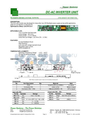 PS-DA0253-240-B datasheet - DC-AC INVERTER UNIT 9 W DUAL OUTPUTS