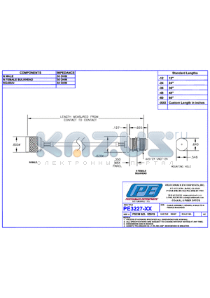 PE3227 datasheet - CABLE ASSEMBLY RG400/U N MALE TO N FEMALE BULKHEAD