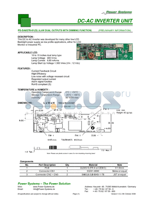 PS-DA0270-01S datasheet - DC-AC INVERTER UNIT 5,5W DUAL OUTPUTS WITH DIMMING FUNCTION