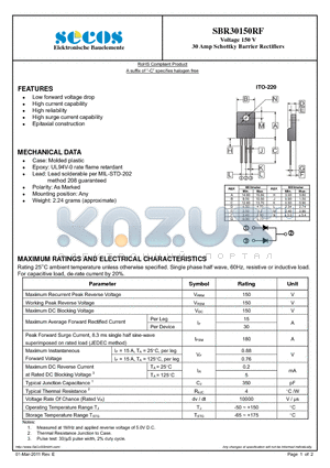 SBR30150RF datasheet - 30 Amp Schottky Barrier Rectifiers