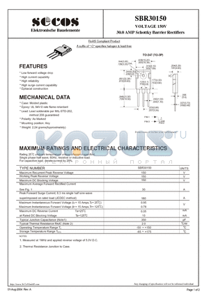 SBR30150 datasheet - VOLTAGE 150V 30.0 AMP Schottky Barrier Rectifiers