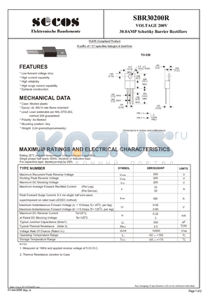 SBR30200R datasheet - VOLTAGE 200V 30.0AMP Schottky Barrier Rectifiers