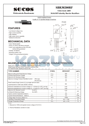 SBR30200RF datasheet - VOLTAGE 200V 30.0AMP Schottky Barrier Rectifiers