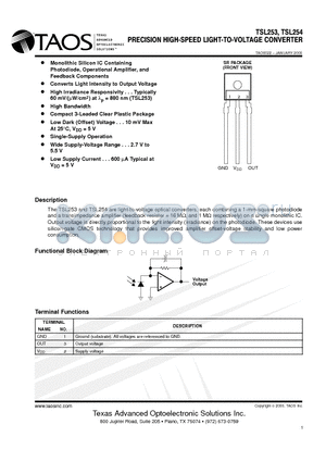 TSL254 datasheet - PRECISION HIGHSPEED LIGHTTOVOLTAGE CONVERTER