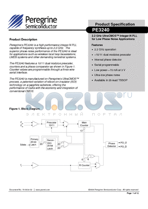 PE3240EK datasheet - 2.2 GHz UltraCMOS Integer-N PLL for Low Phase Noise Applications
