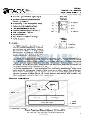 TSL2550 datasheet - AMBIENT LIGHT SENSOR WITH SMBus INTERFACE