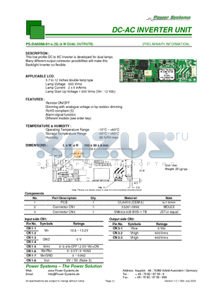 PS-DA0288-01-3 datasheet - DC-AC INVERTER UNIT 8 W DUAL OUTPUTS