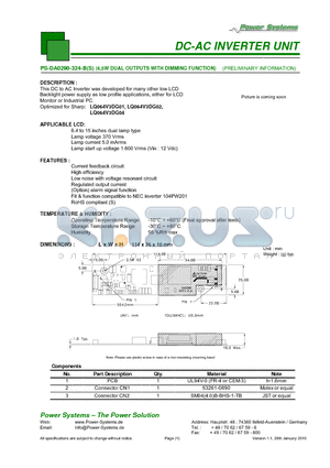 PS-DA0290-324-BS datasheet - DC-AC INVERTER UNIT 6,5W DUAL OUTPUTS WITH DIMMING FUNCTION