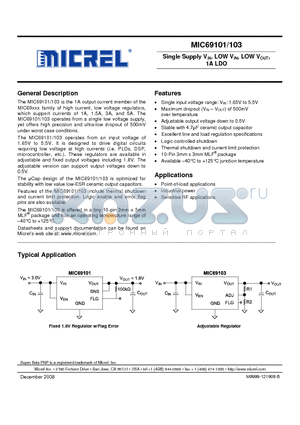 MIC69101 datasheet - Single Supply VIN, LOW VIN, LOW VOUT, 1A LDO