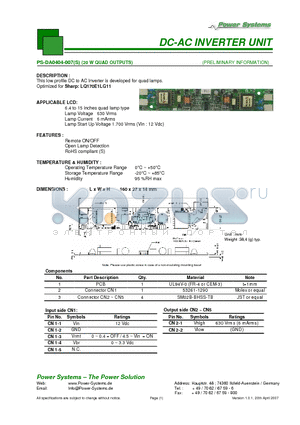 PS-DA0404-007S datasheet - DC-AC INVERTER UNIT 20 W QUAD OUTPUTS