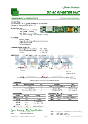 PS-DA0408-01 datasheet - DC-AC INVERTER UNIT 18 W QUAD OUTPUTS