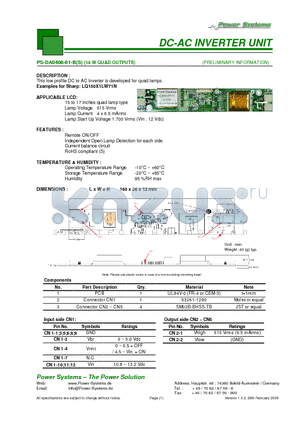 PS-DA0408-01-B datasheet - DC-AC INVERTER UNIT 18 W QUAD OUTPUTS