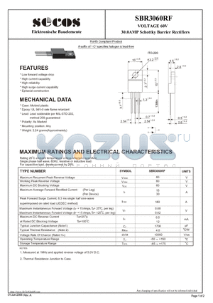 SBR3060RF datasheet - VOLTAGE 60V 30.0AMP Schottky Barrier Rectifiers